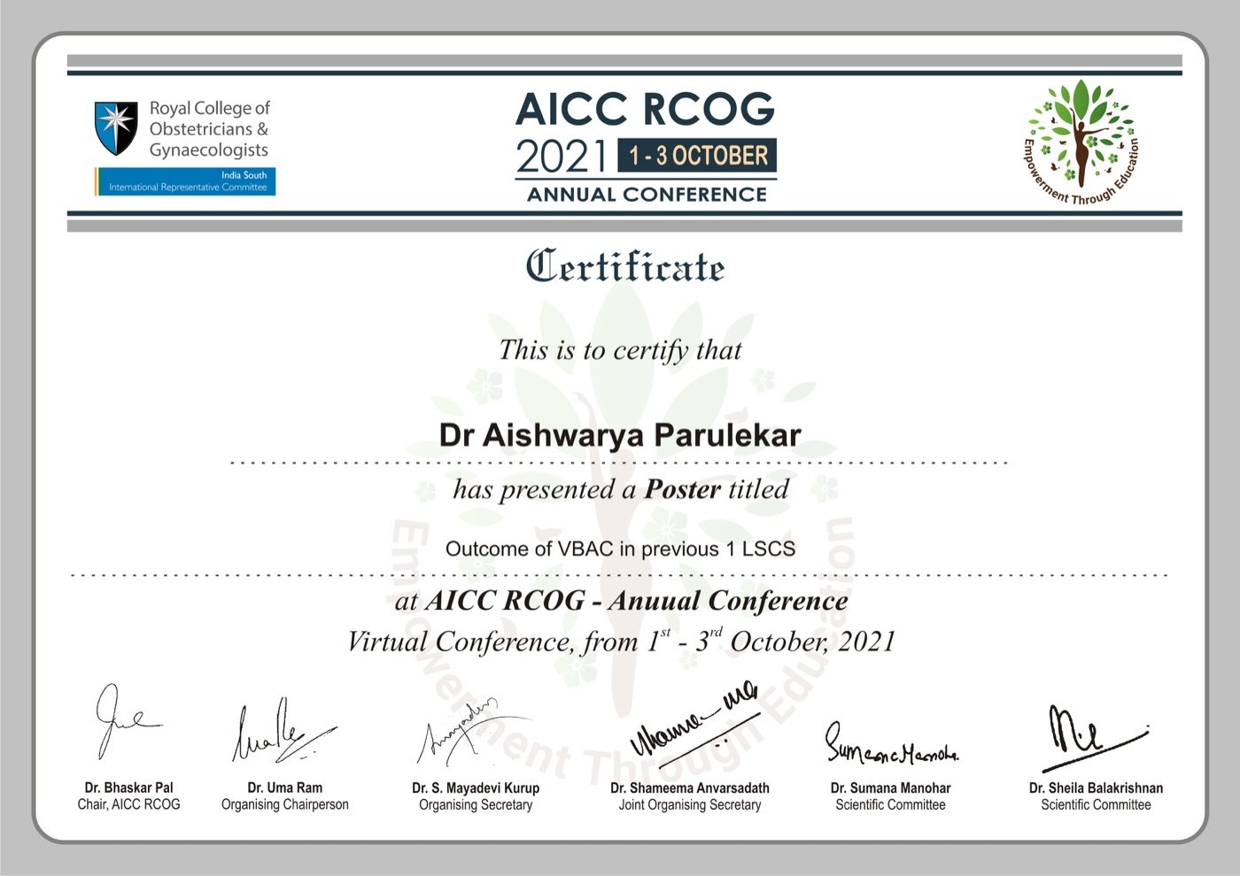 Certificate thumbnail: AICC RCOG Poster Presentation on VBAC
