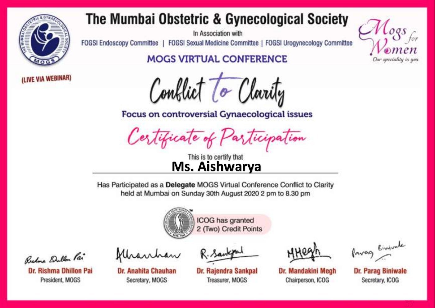 Certificate thumbnail: MOGS Conflict to Clarity Delegate Participation