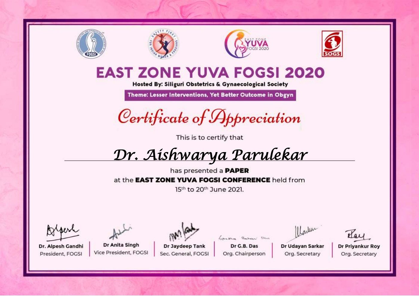Certificate thumbnail: East Zone YUVA FOGSI Paper Presentation