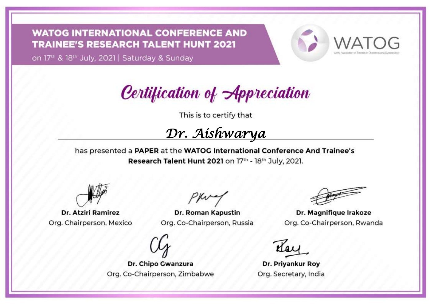 Certificate thumbnail: WATOG Research Talent Hunt Paper Presentation